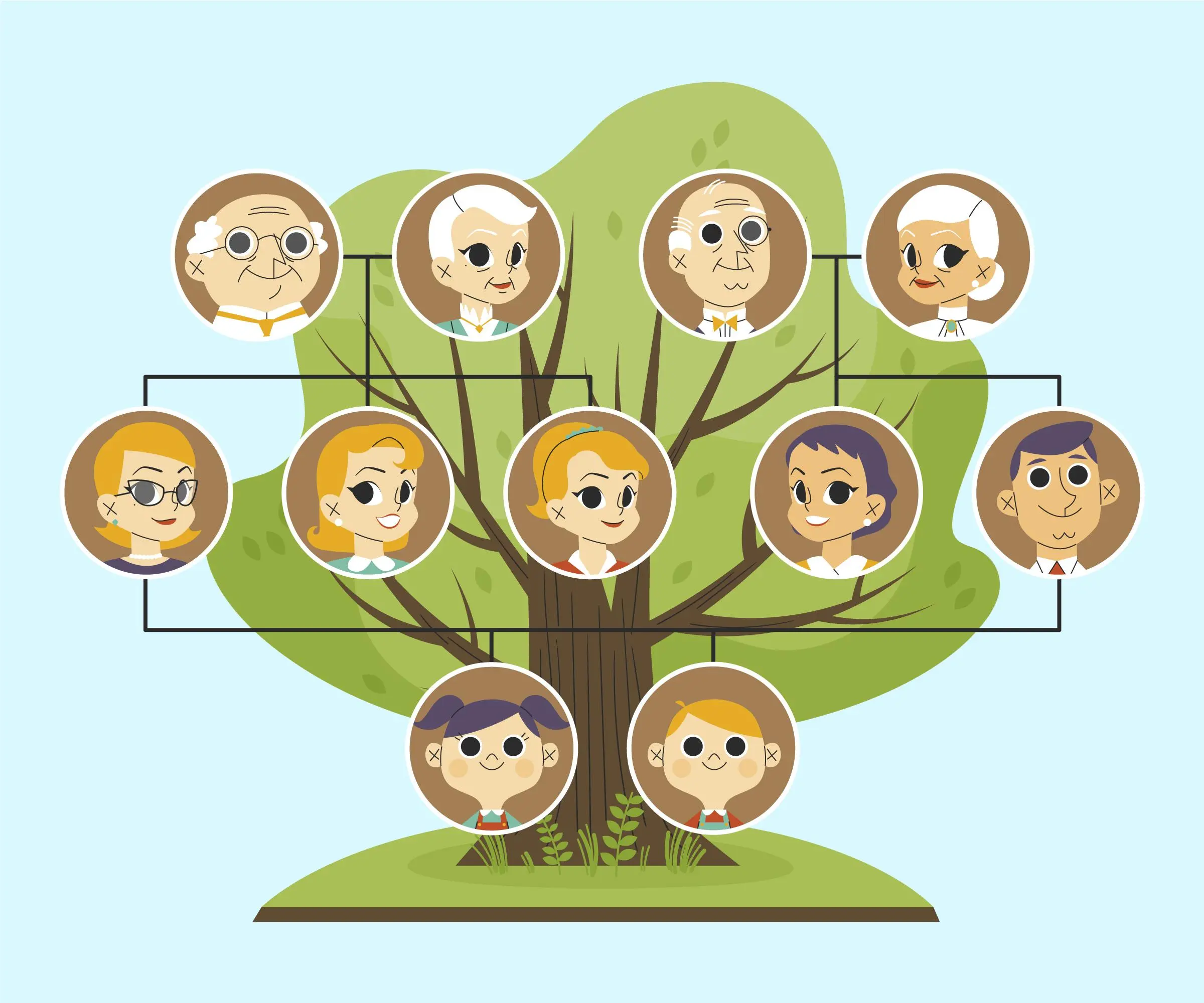 Ilustração de árvore familiar com diferentes gerações.
