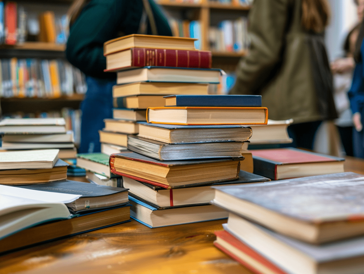 Livros graduados empilhados em biblioteca.