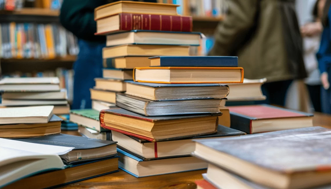 Livros graduados empilhados em biblioteca.